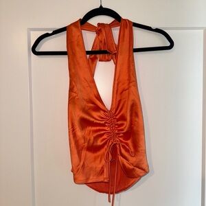 Princess Polly Madra Ruched Satin Halter Tank Top in Vibrant Orange